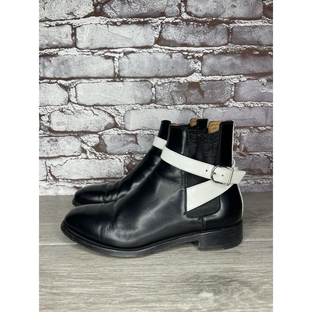 BALENCIAGA BLACK WHITE POLISH CALFSKIN CHELSEA BUCKLE ANKLE BOOTS Women 37EU/6.5 - Picture 2 of 16